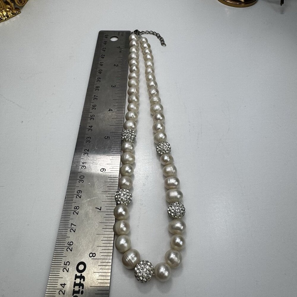 Freshwater Pearl Necklace With Sparkling Pave Crystal Beads Elegant Adjustable - Picture 4 of 9
